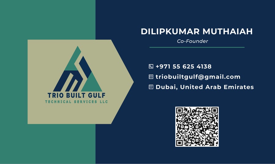 Business card for Dilipkumar Muthaiah, Co-Founder at Trio Built Gulf Technical Services LLC