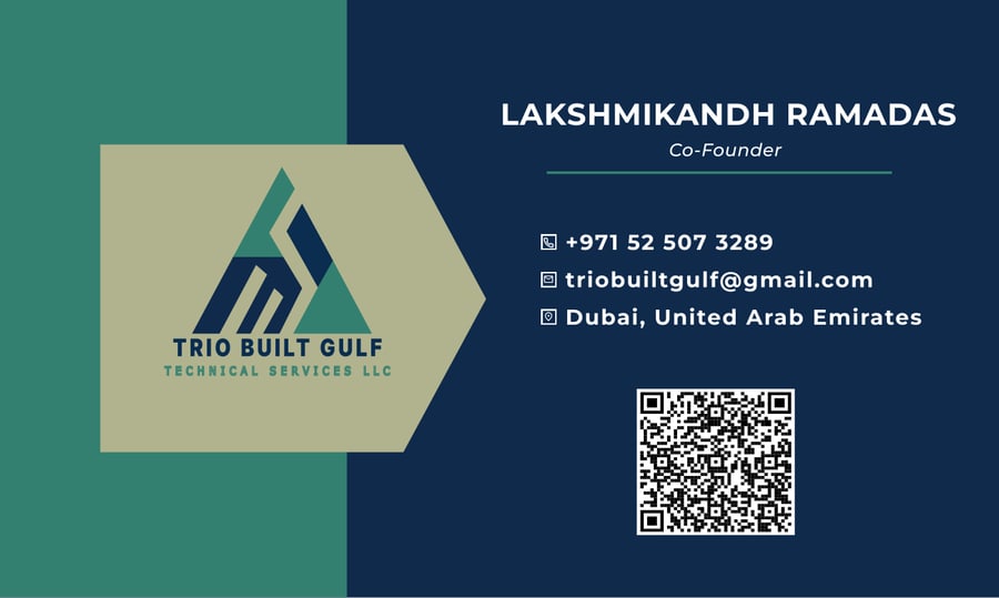 Business card for Lakshmikandh Ramadas, Co-Founder at Trio Built Gulf Technical Services LLC